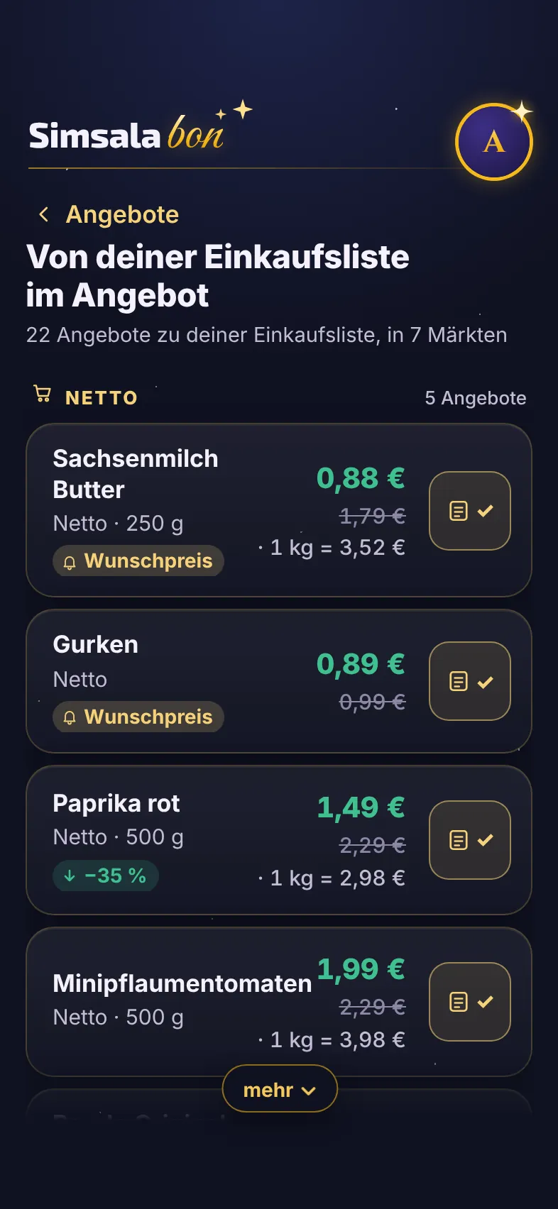 Von deiner Einkaufsliste im Angebot: 22 Angebote in 7 Märkten, mit Grundpreis und Ersparnis