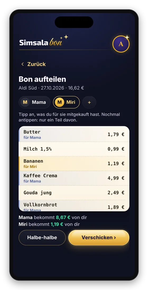 Bon aufteilen: Artikel für Mama und Miri angetippt, darunter wer wie viel bekommt
