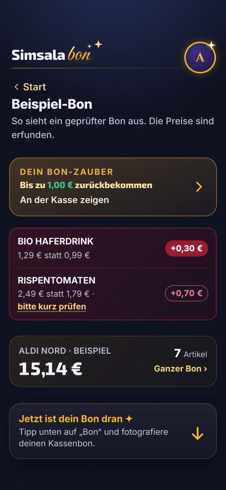 Beispiel-Bon mit zwei Abweichungen: Bio Haferdrink 0,30 € zu viel, Rispentomaten 0,70 € zu viel, bis zu 1,00 € zurückbekommen