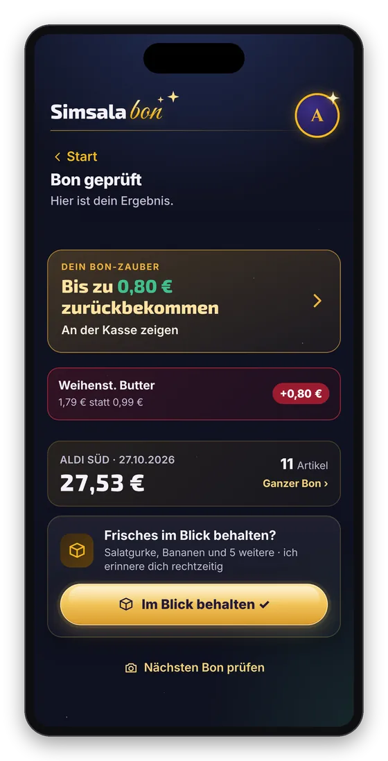 Ein geprüfter Kassenbon mit dem Ergebnis Alles korrekt