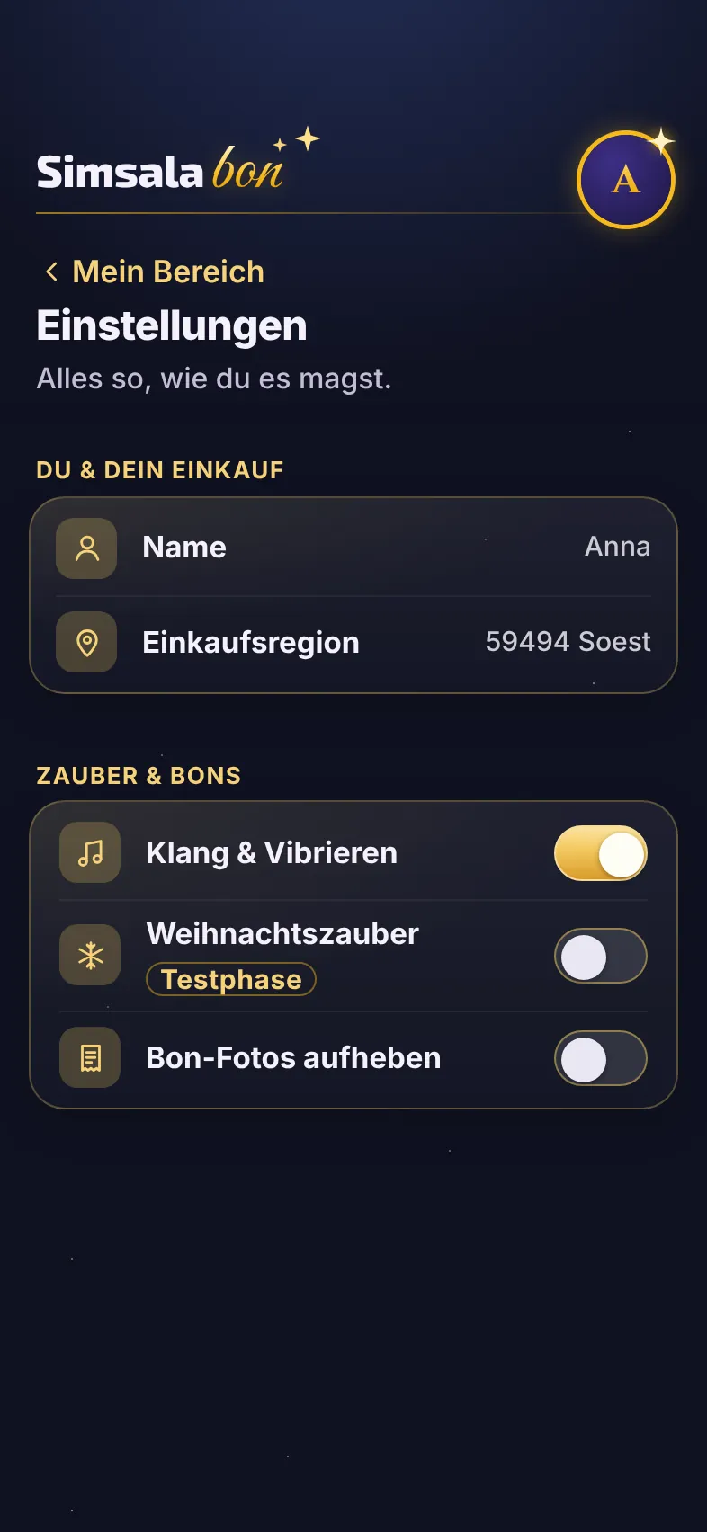 Einstellungen mit dem Schalter Weihnachtszauber in der Testphase