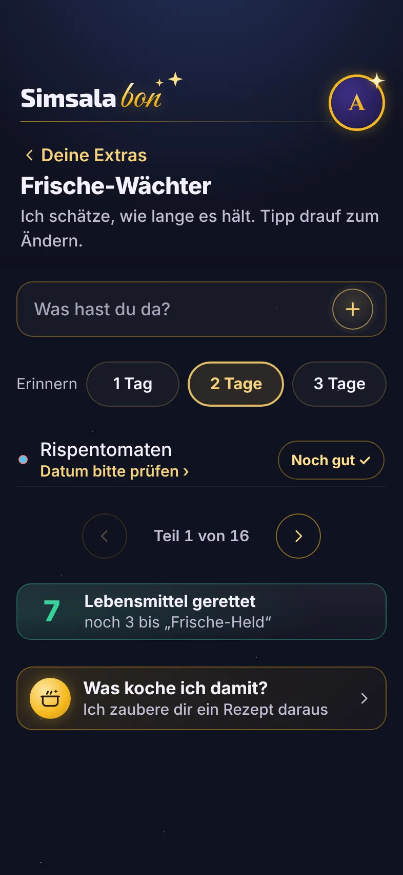 Frische-Wächter: Rispentomaten, Datum bitte prüfen, 7 Lebensmittel gerettet, Was koche ich damit?