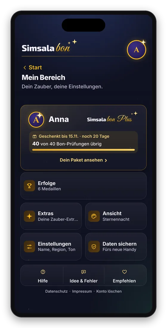 Mein Bereich mit Erfolgen, Meine Liebsten, Extras und Einstellungen