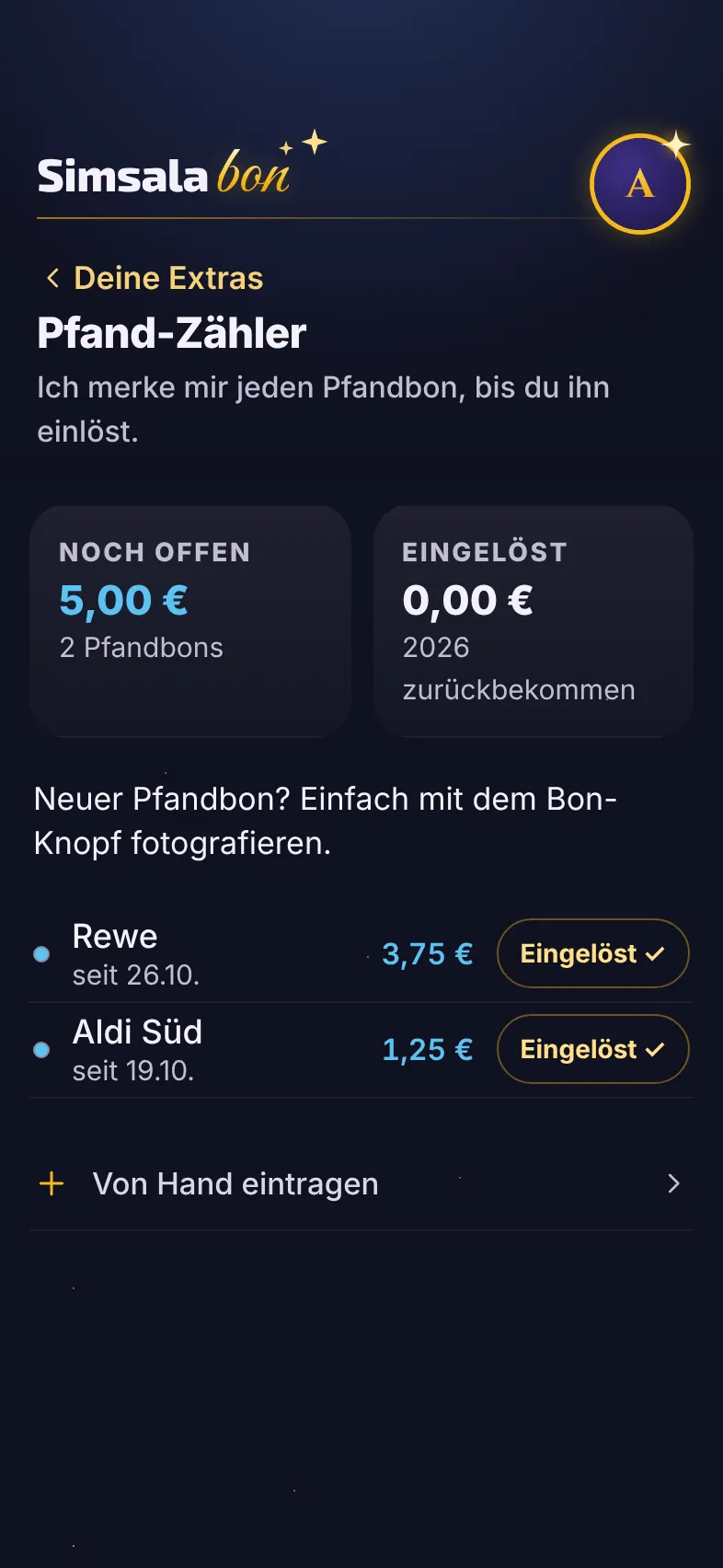 Pfand-Zähler: noch offen 5,00 € aus 2 Pfandbons von Rewe und Aldi Süd