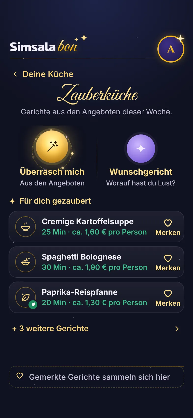 Zauberküche: Überrasch mich oder Wunschgericht, darunter Gerichte mit Kochzeit und Preis pro Person